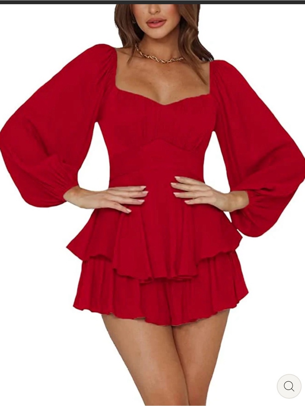 Red Puff Sleeve Tiered Romper
